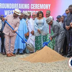 President Joseph Nyuma Boakai Sr. (right) and Julius Maada Bio (left) jointly break ground with ceremonial shovels at the 255-km Western Corridor road project in Liberia. Photo: Executive Mansion