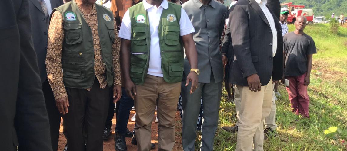 H.E President Joseph Nyumah Boakai accompanied by Agriculture Minister, Dr, J Alexander Nuetah , donor partners and GoL Officials, on a tour of the Fuamah Cooperative Rice farm site in Bong Mines, Bong County.