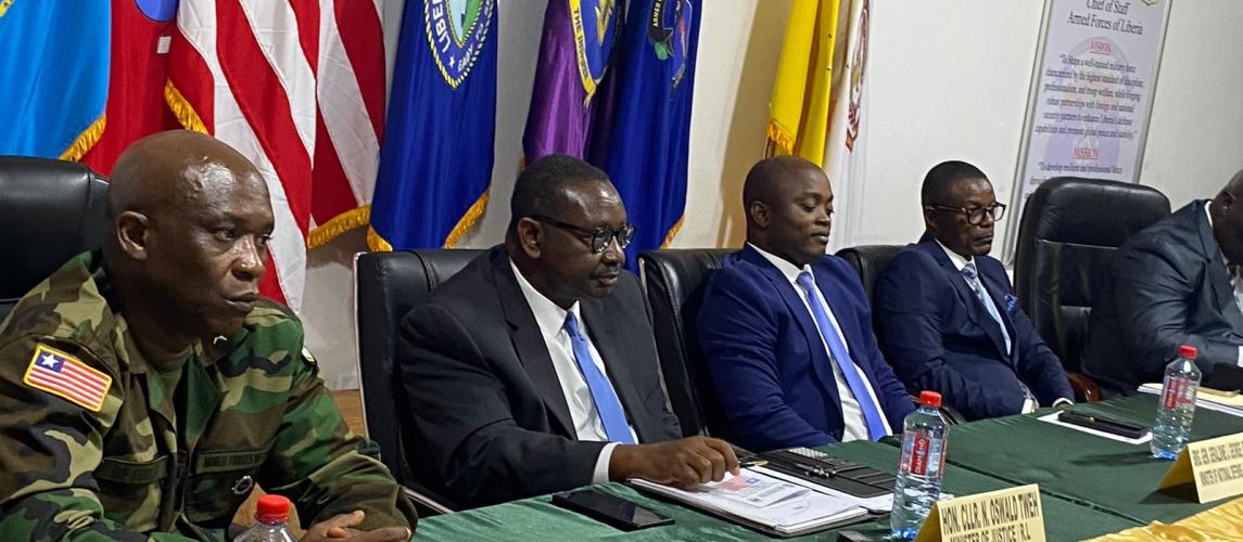 Cllr. Natu Oswald Tweh (second from left) making remarks at the opening of a 3-day Legal Conference organized by the Arm Forces of Liberia, October 28, 2024, at the Barclay Training Center. Photo credit: MoJ
