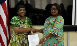  Minister of Foreign Affairs, Her Excellency Mme. Sara Beysolow Nyanti along with the Minister of Commerce and Industry, Madam Magdalena Dagoseh