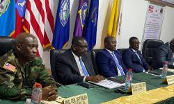 Cllr. Natu Oswald Tweh (second from left) making remarks at the opening of a 3-day Legal Conference organized by the Arm Forces of Liberia, October 28, 2024, at the Barclay Training Center. Photo credit: MoJ