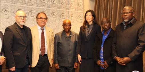 H.E. President Joseph Nyuma Boakai, Sr., (middle) and Liberian Government officials pose for a photo with leaders of the Italian Business Group, Confimea Mediterraneo, after a meeting in Rome, Italy, October 16, 2024